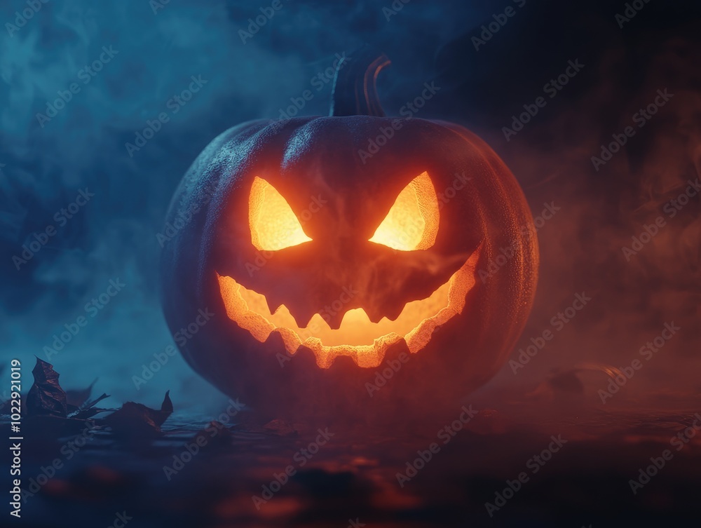 Halloween pumpkin with glowing eyes in smoky ambiance Halloween pumpkin with glowing eyes in smoky ambiance