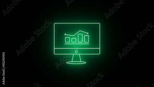 Glowing line Monitor icon with Business Graph up to down. Animated bar chart graph with monitor icon. neon line abstract business graph icon.