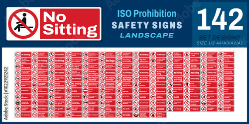 139 set ISO prohibition safety signs v17_no sitting_landscape size 1/2 a4,a3,a2,a1