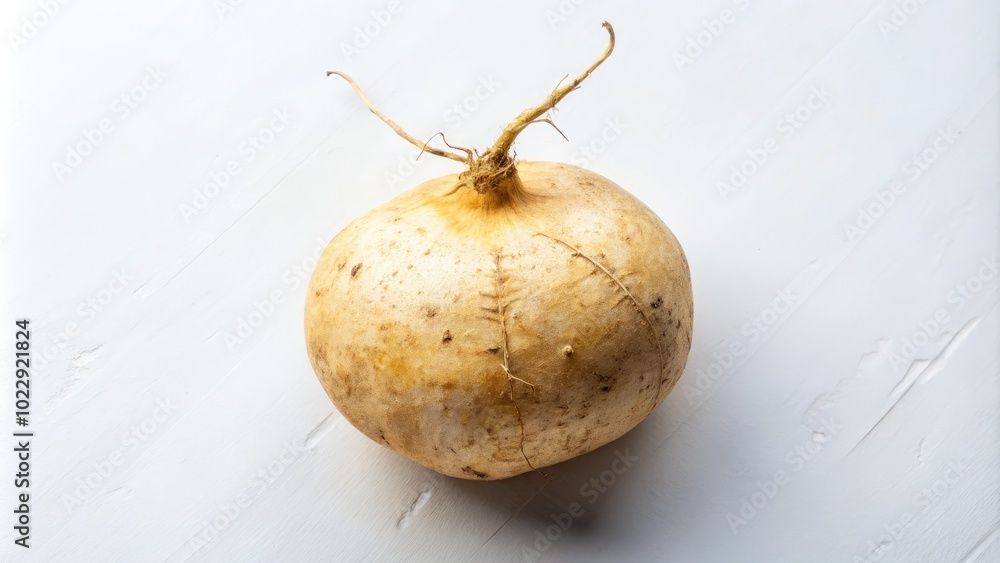 Majestic night photography showcases jicama against a white background, perfect for food enthusiasts and chefs seeking fresh, vibrant vegetable imagery that captivates the palate.