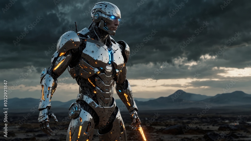 A menacing robot standing against a backdrop of destroyed cities, with crumbling buildings and smoke rising into a dark sky A menacing robot standing against a backdrop of destroyed cities, with crumbling buildings and smoke rising into a dark sky