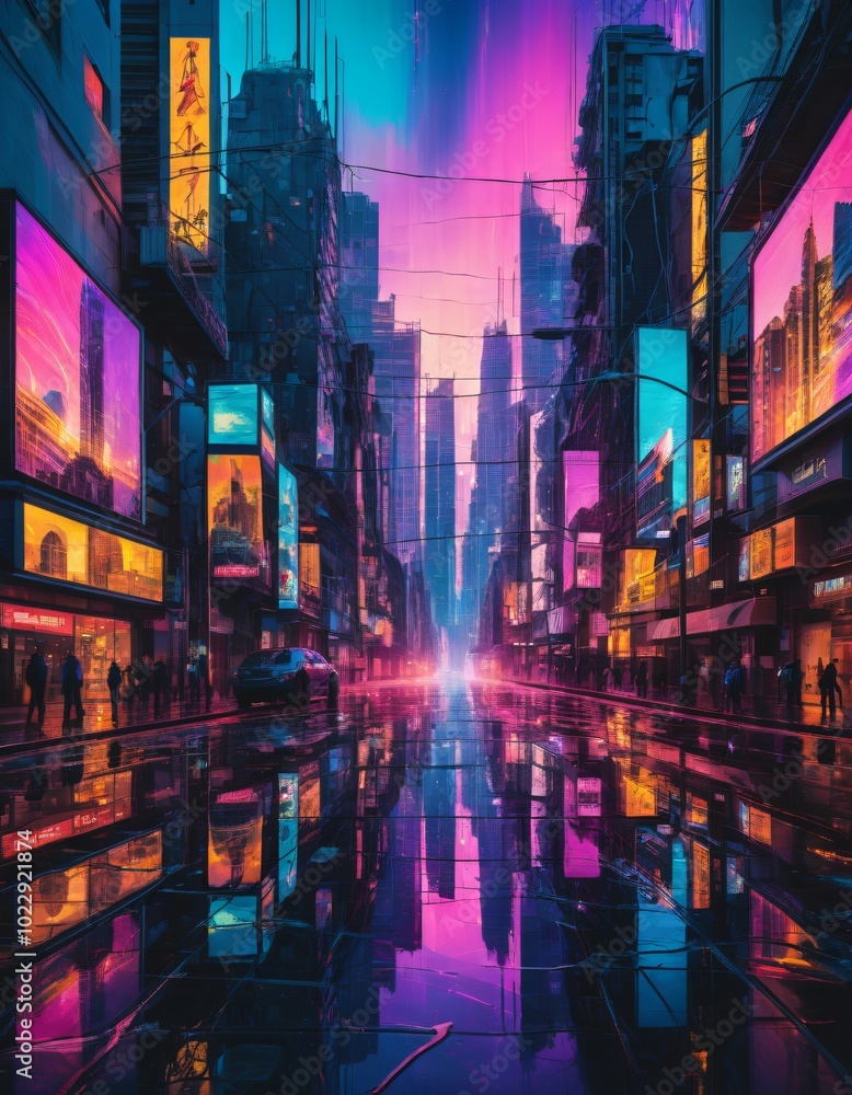 Obraz premium A cyberpunk city street with neon lights and skyscrapers glitch art illustration