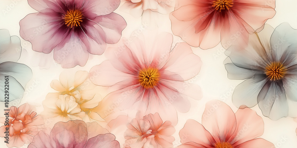 Delicate pastel flowers with translucent petals create a soft, airy design, perfect for spring-themed backgrounds or artistic projects. Delicate pastel flowers with translucent petals create a soft, airy design, perfect for spring-themed backgrounds or artistic projects.