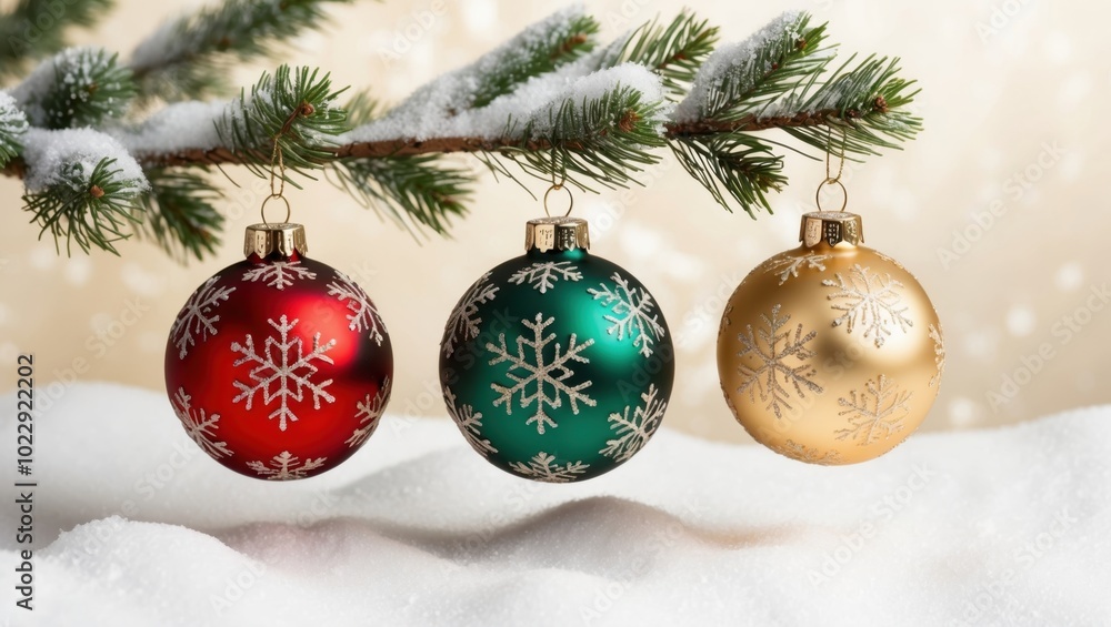 Three shimmering Christmas ornaments hang gracefully from a pine branch, reflecting light and adding a festive touch to the holiday season Three shimmering Christmas ornaments hang gracefully from a pine branch, reflecting light and adding a festive touch to the holiday season