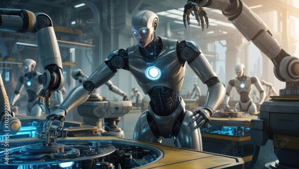 Humanoid robots working efficiently on a factory floor, showcasing advanced technology and automation in a modern industrial environment Humanoid robots working efficiently on a factory floor, showcasing advanced technology and automation in a modern industrial environment