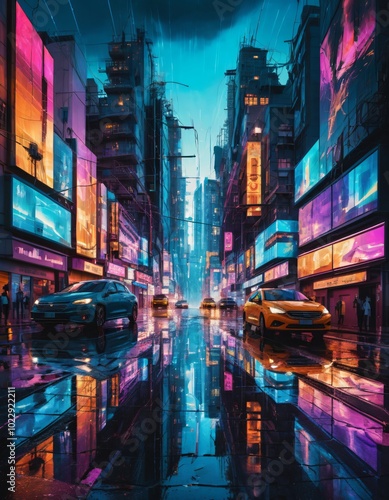 A cyberpunk city street with neon lights and skyscrapers glitch art illustration