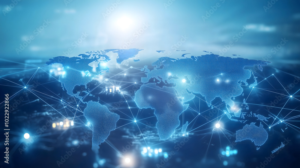Fototapeta premium A light blue background with a digital world map and global network connections, representing the concept of international business or connectivity Generative AI