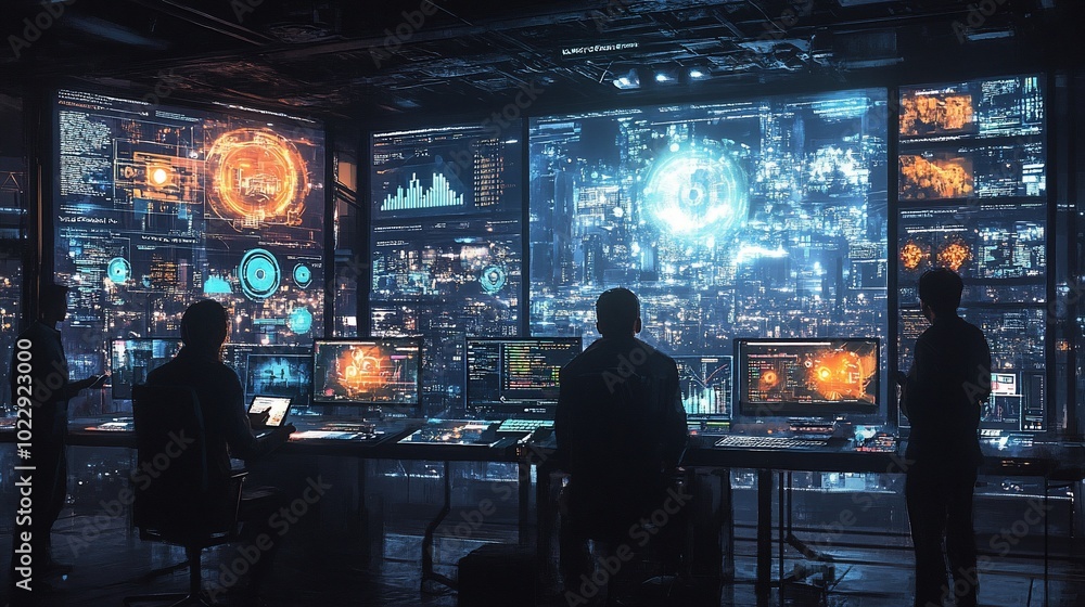 A team of professionals monitor and analyze data on large screens in a futuristic control room. A team of professionals monitor and analyze data on large screens in a futuristic control room.