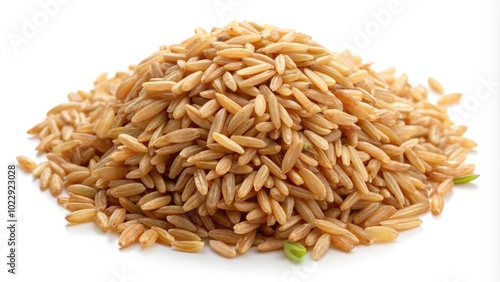 Raw brown rice, hulled and isolated against a white backdrop, offers versatility in culinary applications, providing a nutritious base for a variety of dishes.