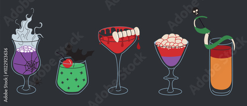 Halloween cocktails collection, vector illustrations in flat cartoon style. Spooky drinks with bat, spider web, vampire teeth. Martini, festive punch, withc brew for party decor, Halloween celebration