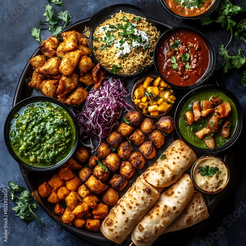 Indian Food Platter with Curry, Rice, Naan, and Fried Snacks.