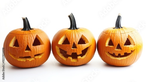 three halloween jack o lanterns on a white background in widescreen format