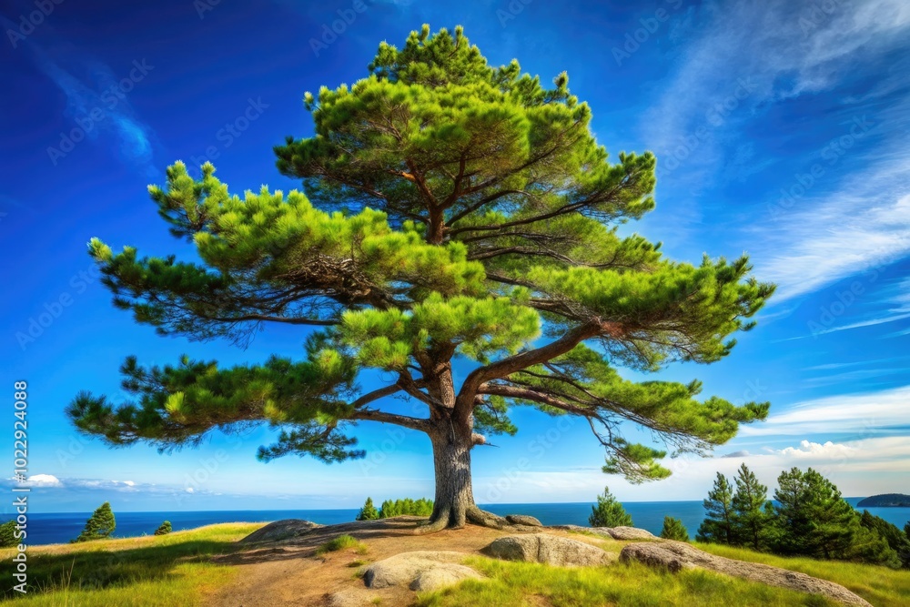 Majestic White Pine Tree Standing Tall Against a Clear Blue Sky in a Serene Natural Landscape Majestic White Pine Tree Standing Tall Against a Clear Blue Sky in a Serene Natural Landscape