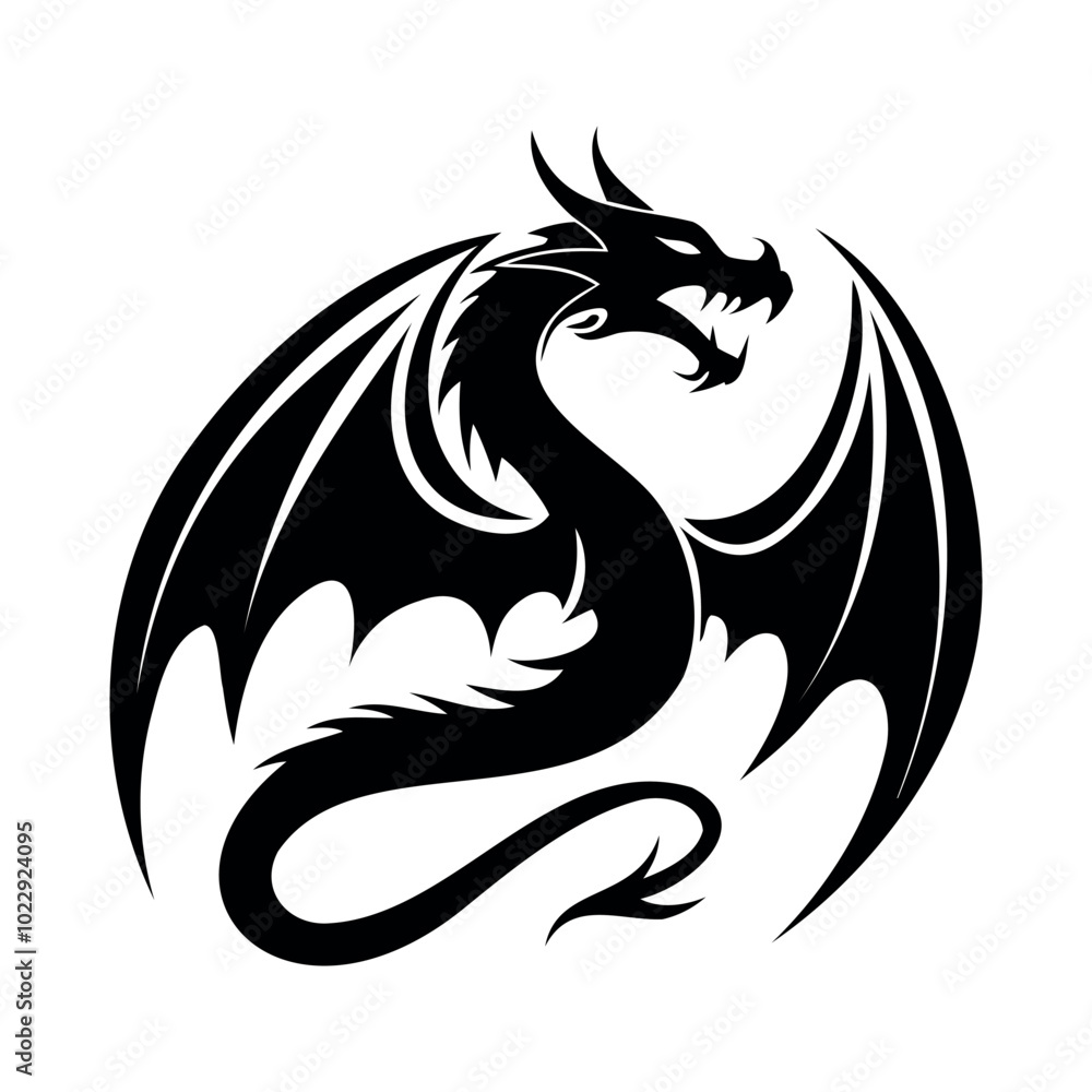 Fototapeta premium black outline icon, silhouette, logo, mythical dragon symbol