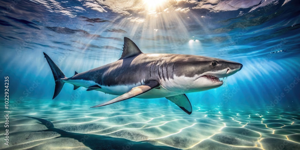 Fototapeta premium Majestic White Shark Gliding Through Crystal Clear Ocean Waters in Natural Habitat