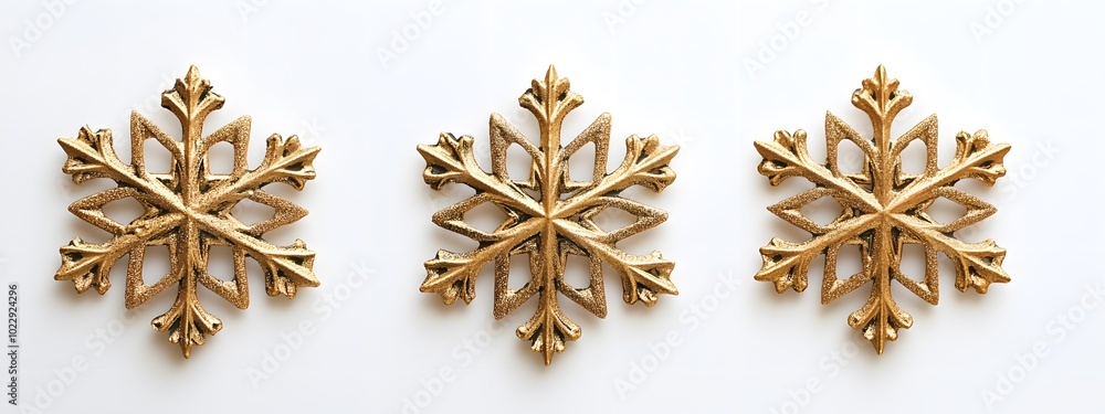 Golden snowflake ornaments on a white background Golden snowflake ornaments on a white background