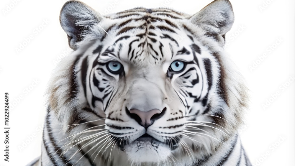 Fototapeta premium Majestic White Tiger on a Pure White Background Showcasing Its Stunning Features and Striking Eyes