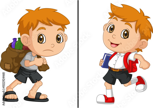 World Day Against Child Labor Concept With Child. Kids working on one side and on another side kids going to school
