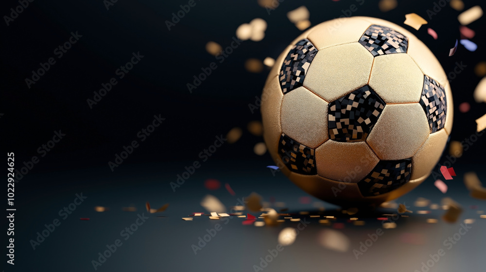 Naklejka premium Golden textured soccer ball with mosaic patterns surrounded by floating confetti in motion on a dark background