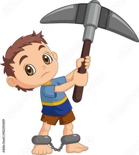 World Day Against Child Labor Concept With Child. Kids working and holding pickaxe