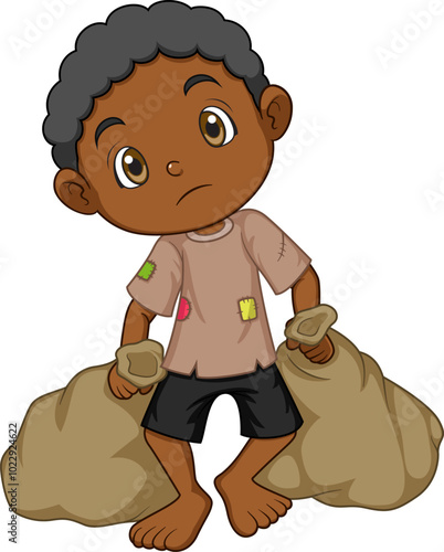 World Day Against Child Labor Concept With Child. homeless kids holding two sack