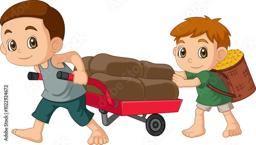 World Day Against Child Labor Concept With Child. two kids working and cart with sack