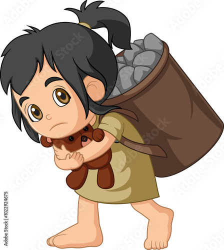World Day Against Child Labor Concept With Child. Kids working and holding bear doll