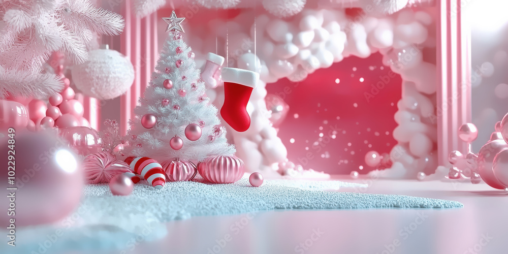 Baby's first Christmas decor with a mini tree and stockings, 3D illustration Baby's first Christmas decor with a mini tree and stockings, 3D illustration