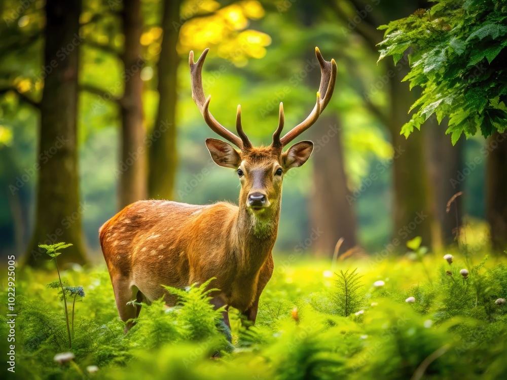 Majestic Wild Deer Grazing in Lush Green Forest Surrounded by Nature's Bounty and Tranquility Majestic Wild Deer Grazing in Lush Green Forest Surrounded by Nature's Bounty and Tranquility