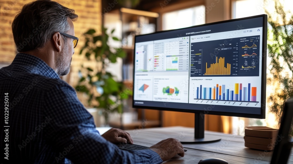 A person analyzes data on a large monitor, displaying various charts and graphs in a modern office with plants. A person analyzes data on a large monitor, displaying various charts and graphs in a modern office with plants.