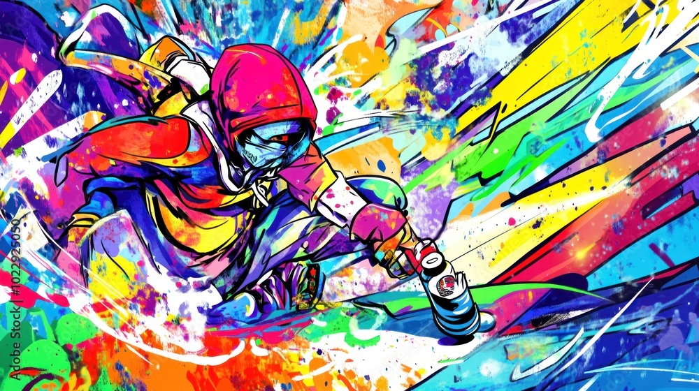 Vibrant street art featuring a figure with a flashlight amidst colorful abstract splashes. Vibrant street art featuring a figure with a flashlight amidst colorful abstract splashes.