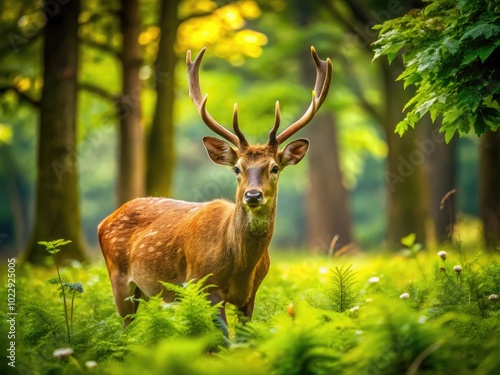 Majestic Wild Deer Grazing in Lush Green Forest Surrounded by Nature's Bounty and Tranquility