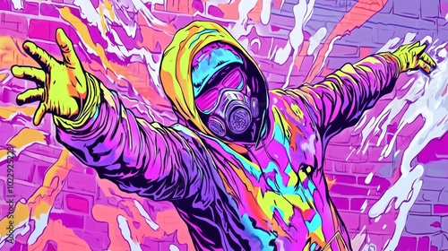 A vibrant, graffiti-style illustration of a figure in a gas mask and colorful hoodie. photo