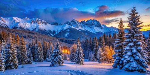 Majestic Winter Landscape of Snow-Covered Mountains and Pine Trees in Snowy Colorado Scenery
