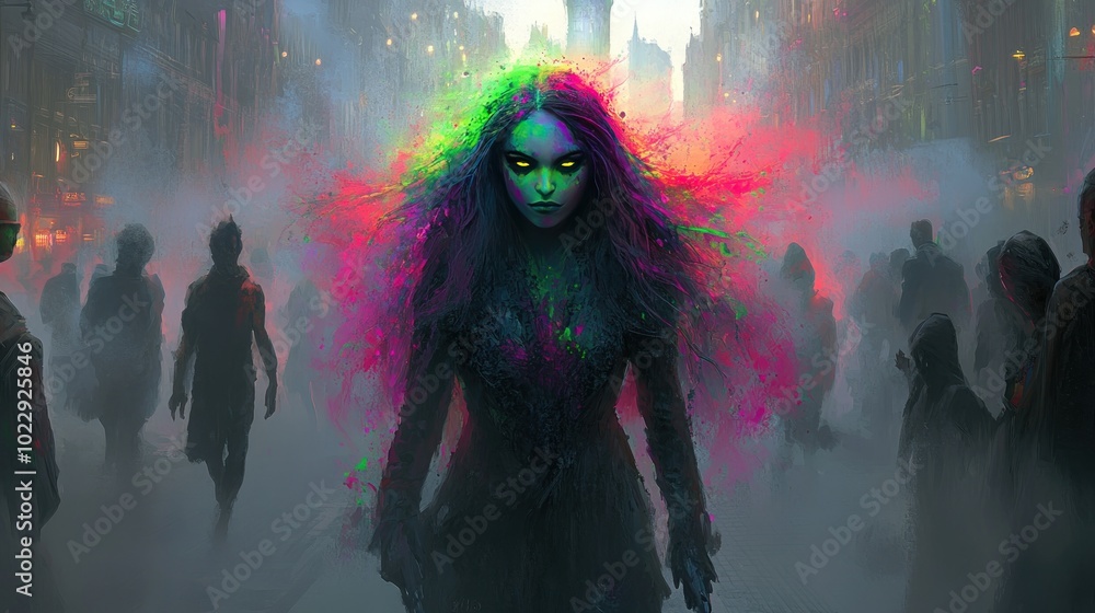 A mystical figure with vibrant colors stands amidst a foggy urban landscape. A mystical figure with vibrant colors stands amidst a foggy urban landscape.