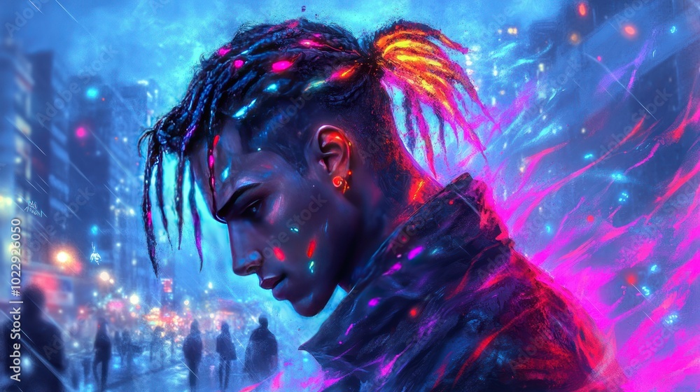 A vibrant digital portrait of a young man with colorful hair against a neon city backdrop. A vibrant digital portrait of a young man with colorful hair against a neon city backdrop.
