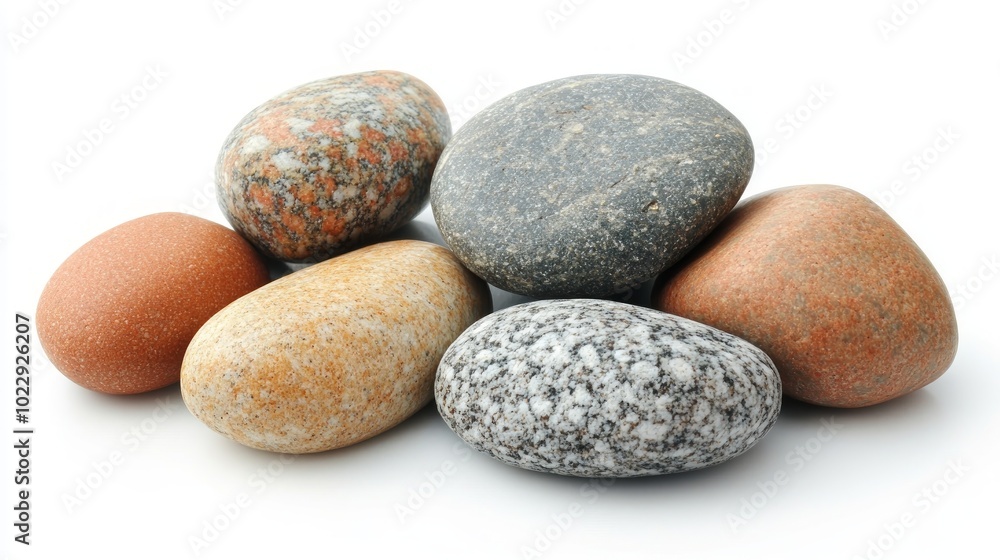 A collection of five smooth, colorful river rocks isolated on a white background. A collection of five smooth, colorful river rocks isolated on a white background.