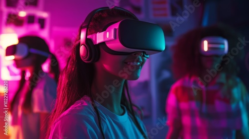 Immersed in innovation, woman explores virtual worlds through vr headset photo