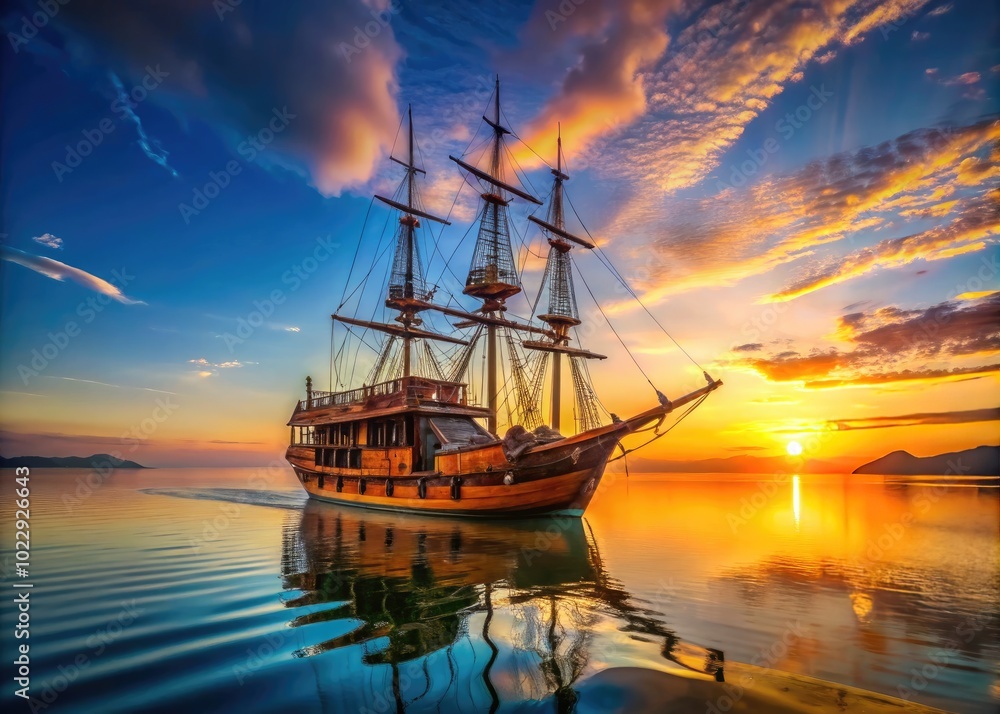Majestic wooden ship sailing across tranquil waters under a clear blue sky during golden hour light Majestic wooden ship sailing across tranquil waters under a clear blue sky during golden hour light