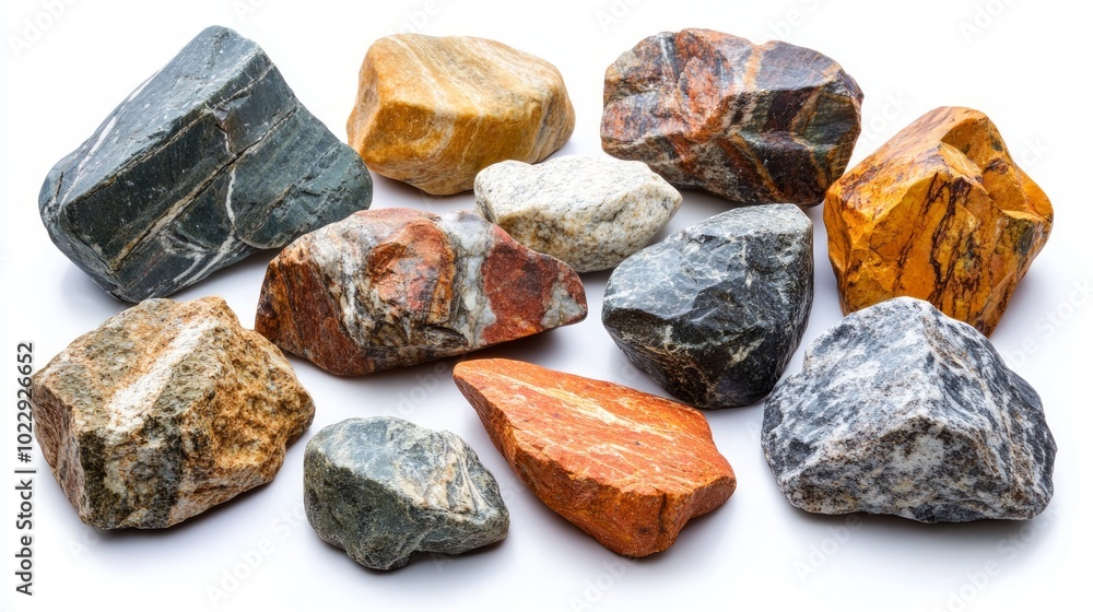 A collection of various colorful and textured rocks isolated on a white background. A collection of various colorful and textured rocks isolated on a white background.