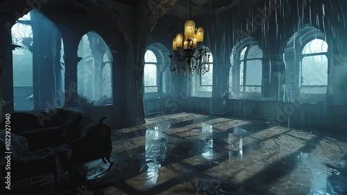 Dimly lit ancient castle hall with large arched windows and a mysterious atmosphere