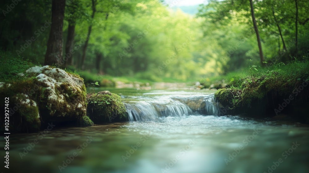 Serene forest stream, a symphony of water, rocks, and lush greenery Serene forest stream, a symphony of water, rocks, and lush greenery