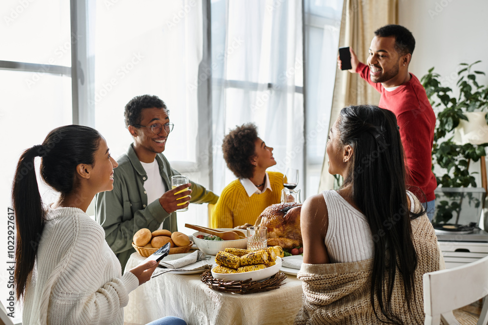 A group of friends shares a festive Thanksgiving meal filled with food, joy, and conversation. A group of friends shares a festive Thanksgiving meal filled with food, joy, and conversation.
