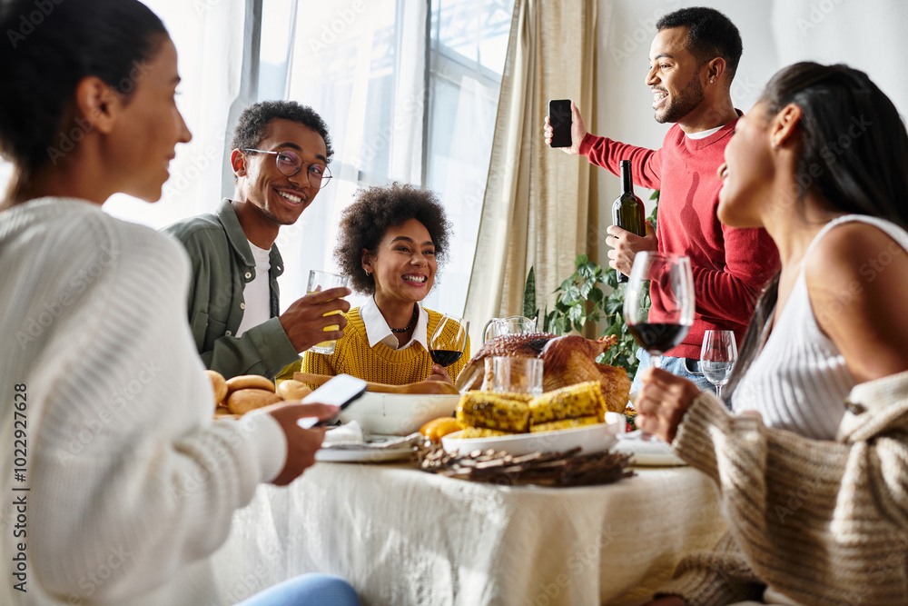 A group of friends shares a festive Thanksgiving feast filled with joy and camaraderie at home. A group of friends shares a festive Thanksgiving feast filled with joy and camaraderie at home.