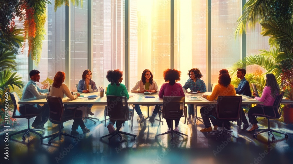 Obraz premium A diverse group engaged in a collaborative meeting in a bright, plant-filled office space.