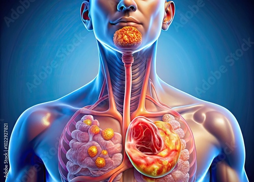 Medical illustration of an ulcerated esophagus highlighting damage and inflammation in the tissue photo