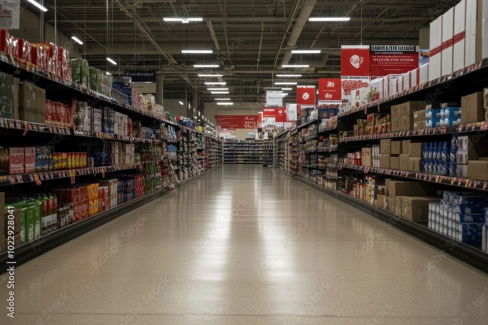 Retail Store Aisle with Sale Signs: A wide shot of a retail store aisle filled with products and sale signs hanging from the ceiling. The image highlights the abundance of deals and the organized chao Retail Store Aisle with Sale Signs: A wide shot of a retail store aisle filled with products and sale signs hanging from the ceiling. The image highlights the abundance of deals and the organized chao