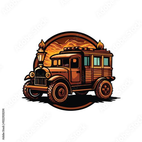 A vintage construction vehicle with wooden panels and a lantern on the front, set against a fiery orange background.