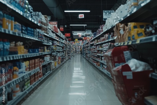 Retail Store Aisle with Sale Signs: A wide shot of a retail store aisle filled with products and sale signs hanging from the ceiling. The image highlights the abundance of deals and the organized chao