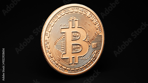 Close-up view of a physical Bitcoin coin with intricate engravings on a black background, representing digital currency and blockchain technology.